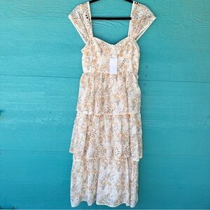 RUFFLED TIERED EYELET CORSET BUSTIER SOFT FLORAL MAXI DRESS MEDIUM NWT